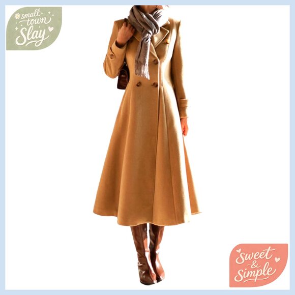 Long Wool Pea Coat Double Breasted Slim Fit Trench Jacket Women's Winter